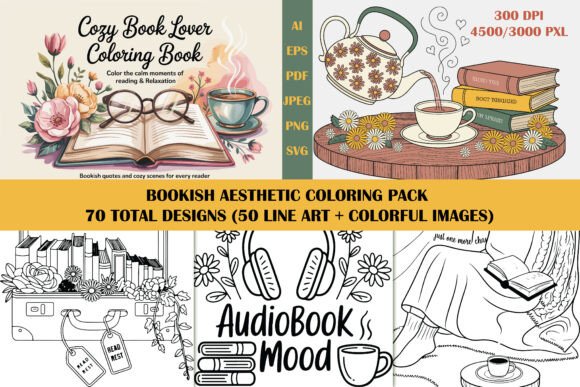 50 Reading Bookish Coloring Bundle: Graphics for Coloring Pages Amp