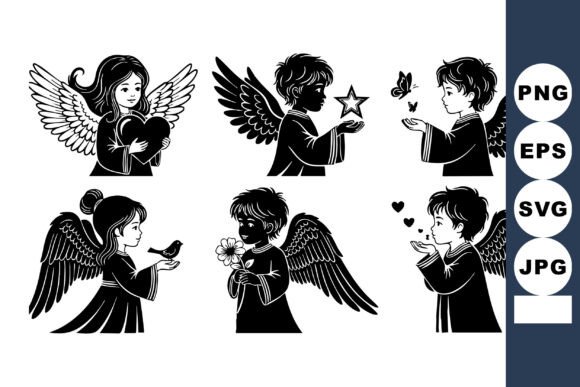 Black and White Angel Kids Silhouettes: Graphics for Crafts