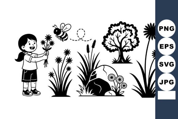 Girl with Wildflowers Coloring: Graphics for Crafts