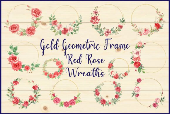 Gold Geometric Frame Red Rose Wreaths: Premium Graphics