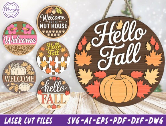 Hello Fall Round Sign SVG Bundle for Laser Cutting & Autumn Amp