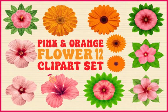 Pink Orange Flower Clipart Set for Crafts & Graphics