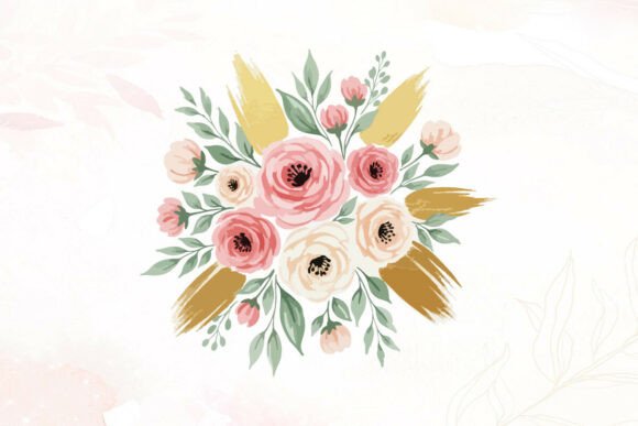 Watercolor Pink Roses Gold Accents Graphics